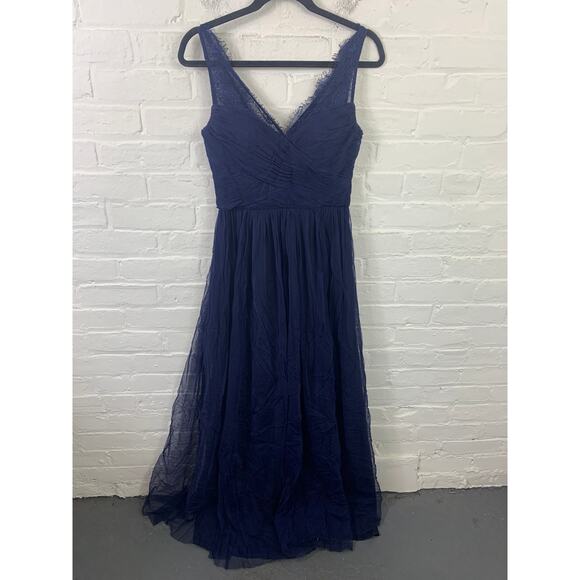BHLDN Hitherto V Neck Fleur Lace Tulle Formal Bridesmaid  Maxi Dress Navy Size 4 - Picture 2 of 5